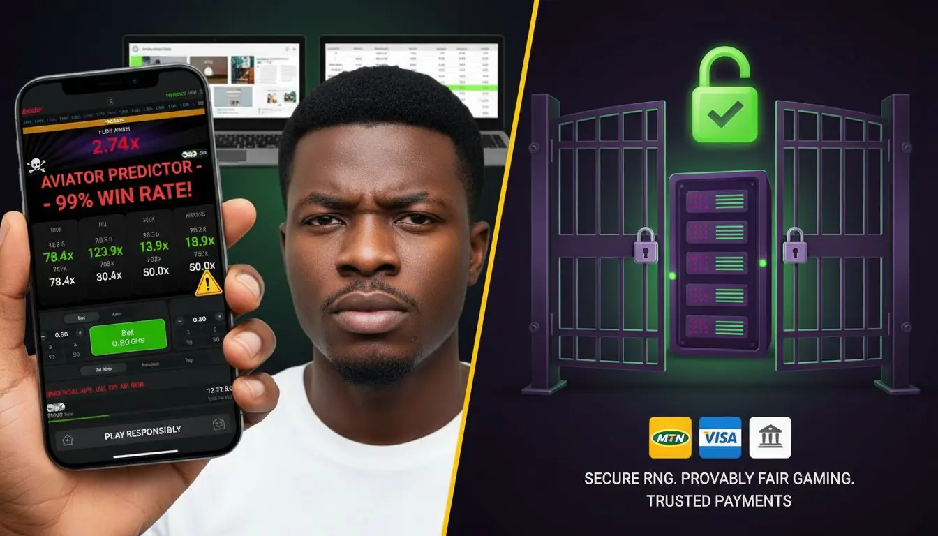 Sceptical gamer comparing fake predictor app and real RNG system with Ghanaian payment icons 